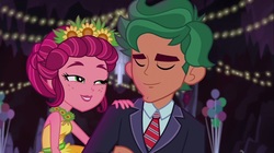 Size: 1100x618 | Tagged: safe, screencap, gloriosa daisy, timber spruce, equestria girls, g4, my little pony equestria girls: legend of everfree, bare shoulders, clothes, crystal gala, decoration, dress, female, male, necktie, siblings, sleeveless, suit