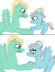Size: 774x1012 | Tagged: safe, artist:glamgoria-morose, artist:kindheart525, zephyr breeze, oc, oc:turquoise edge, pegasus, pony, kindverse, g4, blind eye, collaboration, father and daughter, female, filly, looking at each other, male, missing cutie mark, next generation, offspring, parent:limestone pie, parent:zephyr breeze, parents:zephyrstone, scar, simple background, then and now, white background