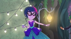 Size: 1100x618 | Tagged: safe, screencap, sci-twi, timber spruce, twilight sparkle, equestria girls, g4, my little pony equestria girls: legend of everfree, bare shoulders, blushing, clothes, crystal gala, decoration, dress, female, male, sleeveless, strapless