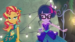 Size: 1100x618 | Tagged: safe, screencap, sci-twi, sunset shimmer, twilight sparkle, equestria girls, g4, my little pony equestria girls: legend of everfree, bare shoulders, blushing, clothes, crystal gala, decoration, dress, female, sleeveless, strapless