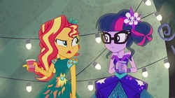 Size: 1100x618 | Tagged: safe, screencap, sci-twi, sunset shimmer, twilight sparkle, equestria girls, g4, my little pony equestria girls: legend of everfree, bare shoulders, clothes, crystal gala, decoration, dress, female, sleeveless, strapless