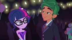 Size: 1100x618 | Tagged: safe, screencap, sci-twi, timber spruce, twilight sparkle, equestria girls, g4, my little pony equestria girls: legend of everfree, bare shoulders, clothes, crystal gala, decoration, dress, female, male, necktie, sleeveless, strapless, suit