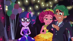 Size: 1100x618 | Tagged: safe, screencap, gloriosa daisy, sci-twi, timber spruce, twilight sparkle, equestria girls, g4, my little pony equestria girls: legend of everfree, bare shoulders, clothes, crystal gala, decoration, dress, female, male, necktie, sleeveless, strapless, suit