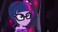 Size: 1100x618 | Tagged: safe, screencap, sci-twi, twilight sparkle, equestria girls, g4, my little pony equestria girls: legend of everfree, bare shoulders, clothes, crystal gala, crystal gala dress, cute, decoration, dress, female, sleeveless, solo, strapless, twiabetes