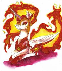 Size: 1652x1892 | Tagged: safe, artist:lypsimagination, daybreaker, alicorn, pony, a royal problem, g4, fangs, female, fire, goddess, lying down, mane of fire, prone, simple background, solo, traditional art, white background