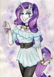 Size: 2469x3489 | Tagged: safe, artist:milaookami, rarity, anthro, g4, clothes, ear piercing, earring, female, high res, jewelry, necklace, piercing, pincushion, shirt, smiling, solo, traditional art
