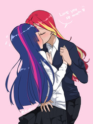 Size: 768x1024 | Tagged: safe, artist:extraluna, sunset shimmer, twilight sparkle, human, equestria girls, g4, alternate clothes, blushing, blushing profusely, clothes, duo, eyes closed, female, heart, holding hands, human coloration, humanized, kissing, lesbian, ship:sunsetsparkle, shipping, simple background