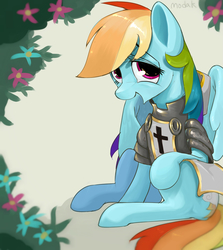 Size: 2500x2800 | Tagged: safe, artist:modak, rainbow dash, pony, g4, armor, female, flower, high res, looking at you, solo