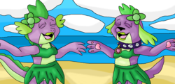 Size: 1172x566 | Tagged: safe, artist:mojo1985, spike, spike the regular dog, dog, equestria girls, g4, beach, bra, clothes, doggy dragondox, flower, grass skirt, hula, summer