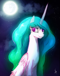 Size: 1712x2160 | Tagged: safe, artist:zidanemina, princess celestia, alicorn, pony, g4, colored pupils, female, full moon, looking left, mare, missing accessory, moon, night, smiling, solo, stars