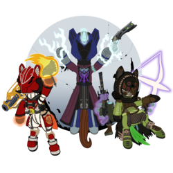 Size: 2400x2400 | Tagged: safe, artist:starkcontrast, earth pony, pegasus, pony, unicorn, arrow, bow (weapon), bow and arrow, crossover, destiny (video game), earth pony magic, fire, gun, high res, hunter (destiny), lightning, magic, pegasus magic, redbubble, titan (destiny), video game crossover, warlock (destiny), weapon