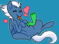Size: 1241x929 | Tagged: safe, artist:/d/non, night glider, pegasus, pony, g4, 30 minute art challenge, bellyrubs, blue background, disembodied hand, female, hand, heart, mare, on back, outline, simple background, solo, tongue out