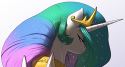 Size: 3109x1662 | Tagged: safe, artist:kevinsano edits, edit, princess celestia, alicorn, pony, g4, cropped, female, jewelry, lidded eyes, looking back, looking over shoulder, mare, regalia, smiling, smirk, solo, wings