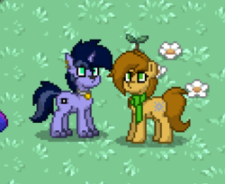 Size: 474x388 | Tagged: safe, oc, oc only, oc:jade sprockett, oc:purple flix, dog, pony, unicorn, pony town, accessory, clothes, collar, cute, leaf, scarf