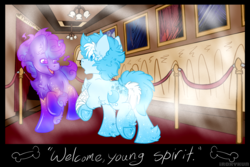 Size: 2539x1700 | Tagged: safe, artist:php166, oc, oc only, oc:firelight, oc:ghost host, pony, unicorn, art gallery, cutie mark, horn, indoors, male, text, theater