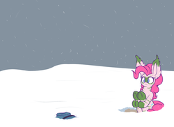 Size: 1280x931 | Tagged: safe, artist:heir-of-rick, pinkie pie, earth pony, pony, g4, alternate timeline, chrysalis resistance timeline, female, implied death, implied maud pie, impossibly large ears, snow, solo, tribal pie, underhoof