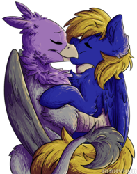 Size: 1892x2397 | Tagged: safe, artist:php166, oc, oc only, oc:cloud quake, oc:gent, griffon, pegasus, pony, beak, couple, eyes closed, feather, gay, interspecies, kissing, love, male, oc x oc, shipping, simple background, talons, transparent background, wings
