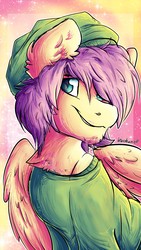Size: 720x1280 | Tagged: safe, artist:php166, fluttershy, pegasus, pony, g4, alternate hairstyle, alternate universe, beanie, butterscotch, chest hair, clothes, facial hair, hat, male, off shoulder, rule 63, solo, stallion, sweater, sweatershy, wings