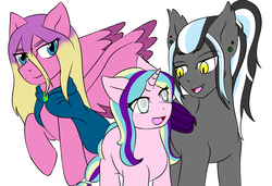 Size: 3800x2600 | Tagged: safe, artist:jolliapplegirl, princess skyla, oc, oc:north wind, bat pony, pegasus, pony, unicorn, g4, alternate design, blind, female, high res, male, mare, next generation, offspring, older skyla, parent:princess cadance, parent:shining armor, parent:unnamed oc, parents:shiningcadance, simple background, species swap, stallion, story included, vulgar description, white background