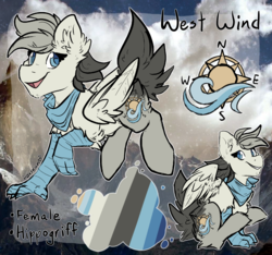 Size: 2091x1960 | Tagged: safe, artist:php166, oc, oc only, oc:west wind, hippogriff, bandana, cutie mark, female, palette, reference sheet, solo, text, wings