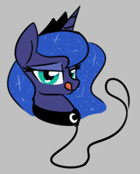 Size: 525x650 | Tagged: safe, artist:masserey, princess luna, alicorn, pony, g4, bedroom eyes, bust, collar, crown, female, gray background, jewelry, leash, licking, licking lips, looking at you, pet play, peytral, regalia, simple background, solo, tongue out