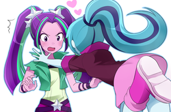 Size: 2550x1675 | Tagged: safe, artist:ryuu, aria blaze, sonata dusk, equestria girls, g4, belt, blushing, boots, clothes, cute, female, glomp, heart, lesbian, outline, pigtails, ponytail, ship:arisona, shipping, shoes, simple background, skirt, skirt lift, strategically covered, twintails, upskirt denied, white background