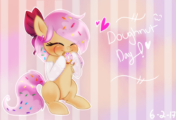 Size: 1055x720 | Tagged: safe, artist:starchasesketches, oc, oc only, oc:doughnutsprinkles, earth pony, pony, blushing, cute, donut, donut day, ear piercing, earring, eating, food, jewelry, mouth hold, nom, piercing, ribbon, solo, sprinkles