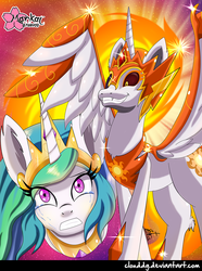 Size: 742x1000 | Tagged: safe, artist:clouddg, daybreaker, princess celestia, alicorn, pony, a royal problem, g4, crown, crying, duality, duo, fangs, female, helmet, mare, regalia