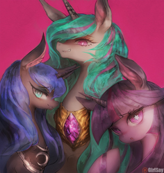 Size: 944x1000 | Tagged: safe, artist:girlsay, princess celestia, princess luna, twilight sparkle, alicorn, pony, g4, female, looking at you, mare, missing accessory, patreon, patreon logo, royal sisters, simple background, smiling, starry eyes, trio, twilight sparkle (alicorn), wingding eyes