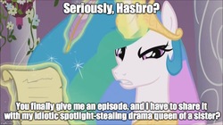 Size: 888x499 | Tagged: safe, edit, edited screencap, screencap, princess celestia, pony, a royal problem, g4, the crystal empire, angry, discussion in the comments, downvote bait, drama, female, image macro, lucifer hasbro, meme, mouthpiece, op is a duck, op is trying to start shit, solo