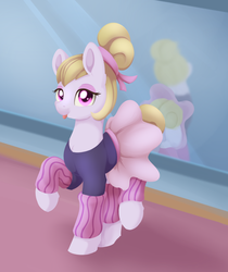 Size: 998x1187 | Tagged: safe, artist:dusthiel, hoofer steps, earth pony, pony, g4, on your marks, ballerina, ballet, butt, clothes, female, leg warmers, looking at you, mare, mirror, plot, raised hoof, raised leg, smiling, solo, tongue out, tutu