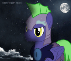 Size: 400x340 | Tagged: safe, artist:trigger_movies, nightmare moon, oc, oc only, pegasus, pony, animated, armor, cloud, female, full moon, gif, gift art, moon, night, night guard, rainbow dash salutes, salute, solo, stars