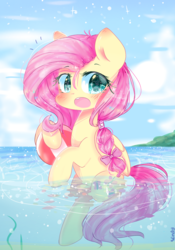 Size: 1084x1545 | Tagged: safe, artist:windymils, fluttershy, pegasus, pony, g4, beach, beach ball, blushing, cute, female, folded wings, looking at you, mare, open mouth, ribbon, shyabetes, solo, swimming, water