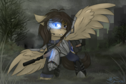 Size: 1280x853 | Tagged: safe, artist:sinrinf, oc, oc only, oc:sinrin linx, cyborg, pegasus, pony, amputee, post-apocalyptic, prosthetic limb, prosthetics, solo, wasteland, weapon