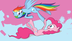 Size: 3840x2160 | Tagged: safe, artist:cloudyskieswrites, pinkie pie, rainbow dash, pony, g4, female, flying, high res, lesbian, on back, ship:pinkiedash, shipping