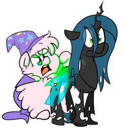 Size: 2893x3000 | Tagged: safe, artist:befishproductions, queen chrysalis, oc, oc:fluffle puff, g4, canon x oc, cape, clothes, female, glowing, hat, high res, lesbian, ship:chrysipuff, shipping, signature, simple background, transparent background, trixie's cape, trixie's hat