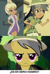 Size: 593x871 | Tagged: safe, chestnut magnifico, daring do, pony, equestria girls, equestria girls specials, g4, my little pony equestria girls: movie magic, comparison, india movie set, spanish, unamused