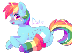 Size: 1219x947 | Tagged: safe, artist:kkotnim, rainbow dash, pegasus, pony, g4, blushing, butt, clothes, crying, cute, dashabetes, dock, eyebrows, eyebrows visible through hair, featureless crotch, female, open mouth, plot, rainbow socks, simple background, socks, solo, starry eyes, striped socks, sweat, transparent background, wingding eyes