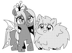 Size: 820x600 | Tagged: safe, artist:kkotnim, queen chrysalis, oc, oc:fluffle puff, changeling, changeling queen, nymph, pony, g4, chibi, cute, cutealis, duo, duo female, female, flufflebetes, mare, monochrome, simple background, tongue out, white background