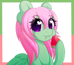 Size: 1280x1130 | Tagged: safe, artist:fluffymaiden, oc, oc only, oc:spectral wind, pegasus, pony, eating, female, food, heart eyes, herbivore, mare, solo, watermelon, wingding eyes