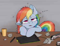 Size: 1693x1311 | Tagged: safe, artist:orang111, rainbow dash, pegasus, pony, g4, cup, cute, dashabetes, desk, deutsche bahn, drool, eraser, female, fluffy, graphics tablet, model train, one ear down, paper ball, sketch, sleeping, sleeping while sitting, sleepy, snoring, solo, squeans, tablet, tired, zzz