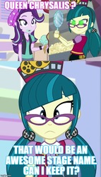 Size: 500x877 | Tagged: safe, juniper montage, queen chrysalis, starlight glimmer, equestria girls, equestria girls specials, g4, my little pony equestria girls: mirror magic, caption, clever, duo, i see what you did there, image macro, text