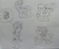 Size: 2525x2117 | Tagged: safe, artist:wafflecakes, cloudchaser, starlight glimmer, oc, pegasus, pony, unicorn, g4, alternate hairstyle, female, high res, mare, monochrome, traditional art