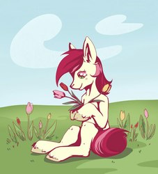 Size: 1000x1100 | Tagged: safe, artist:shady, roseluck, earth pony, pony, g4, day, ear fluff, female, flower, sitting, solo, tulip, unshorn fetlocks