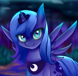 Size: 1000x975 | Tagged: safe, artist:suziouwabami, princess luna, alicorn, pony, g4, female, forest, looking at you, moon, s1 luna, smiling, solo, spread wings, young