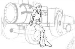 Size: 987x651 | Tagged: safe, artist:wwredgrave, oc, oc only, oc:scotch tape, anthro, fallout equestria, fallout equestria: homelands, fallout equestria: project horizons, female, grayscale, mechanic, monochrome, sketch, solo, tractor, whiskey express