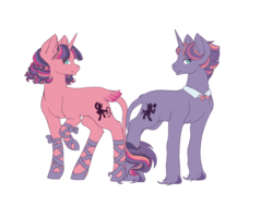 Size: 1024x776 | Tagged: safe, artist:uniquecolorchaos, oc, oc only, oc:autumn symphony, oc:summer sonata, pony, unicorn, brother and sister, female, magical lesbian spawn, male, mare, offspring, parent:sunset shimmer, parent:twilight sparkle, parents:sunsetsparkle, siblings, simple background, stallion, tail feathers, twins, white background