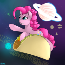 Size: 3000x3000 | Tagged: safe, artist:malamol, pinkie pie, earth pony, pony, g4, cute, diapinkes, female, food, high res, mare, planet, random, smiling, solo, taco, wat