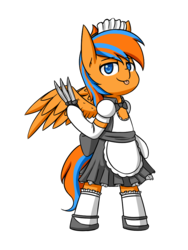 Size: 750x1000 | Tagged: safe, artist:rice, oc, oc only, oc:cold front, pegasus, pony, bipedal, bow, clothes, crossdressing, dress, knife, looking at you, maid, simple background, solo, stockings, thigh highs, tongue out, transparent background, weapon