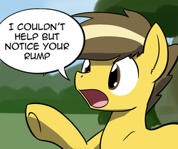 Size: 1049x878 | Tagged: safe, artist:whatsapokemon, oc, oc only, oc:golden grain, earth pony, pony, dialogue, male, offscreen character, open mouth, reaction image, solo, stallion